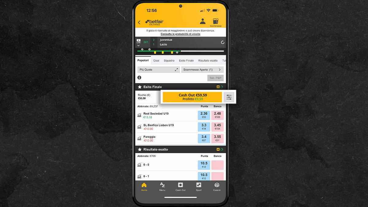 La aschermata che mostra la funzione di cashout su Betfair Exchange